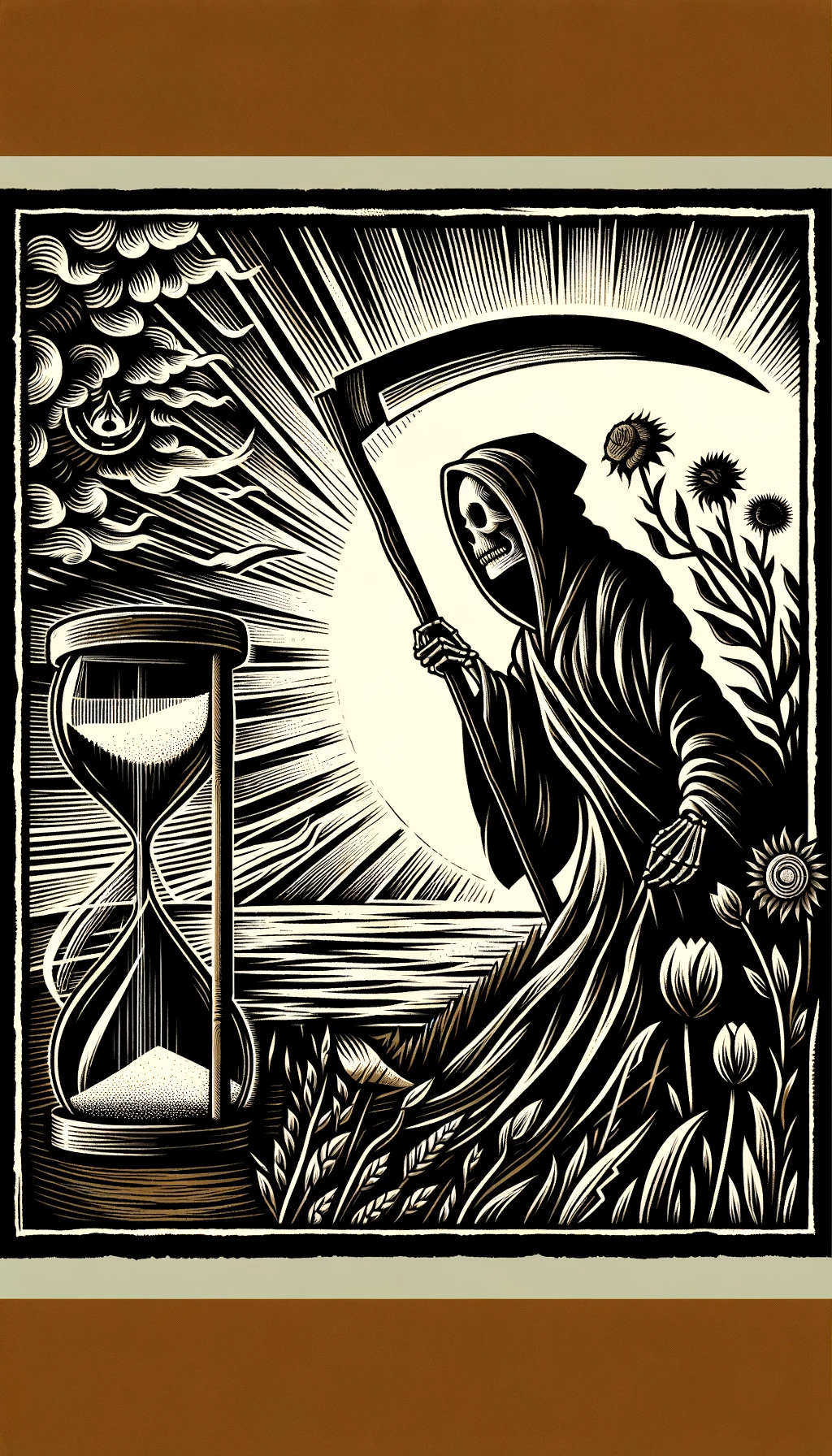 DALL·E 2024-03-27 19.26.38 - A woodcut-style illustration depicting the concept of 'Death' in a vertical aspect ratio. The scene should evoke traditional woodcut artistry, featuri.webp